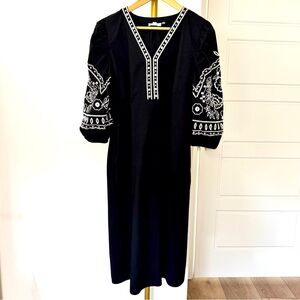 Black V Neck Midi Dress White Embroidery Sleeves XL Boho Chic Cottagecore Noir
